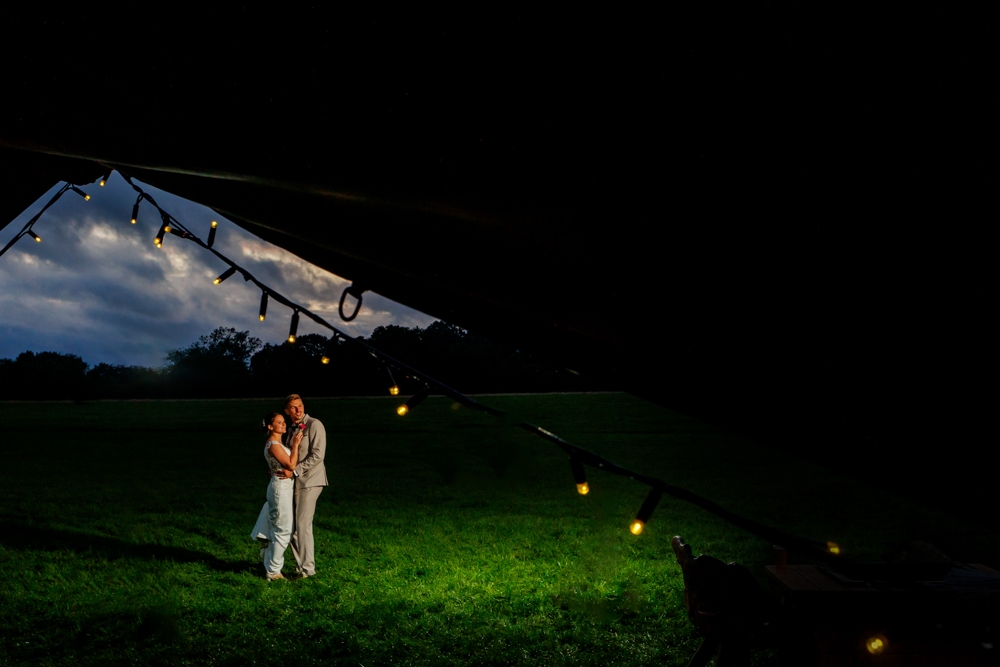 bride and groom outside at night 