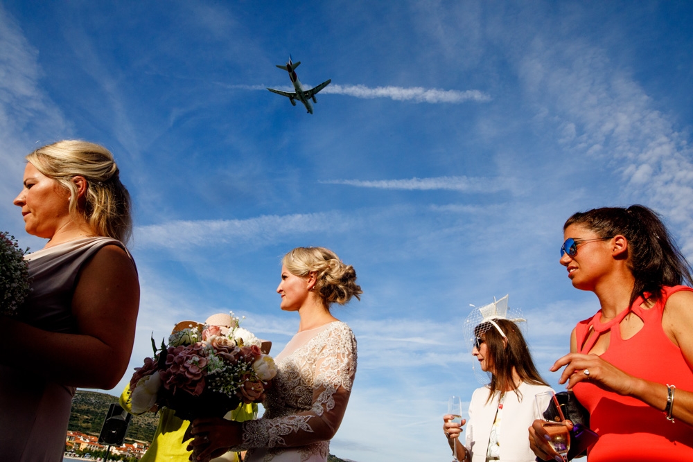 wedding guests laughing