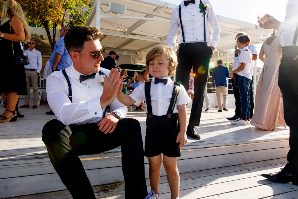 wedding guests laughing